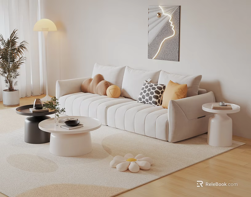 Modern Two Seater Sofa With Pillows Round Side Tables And Wall Art 3d model 