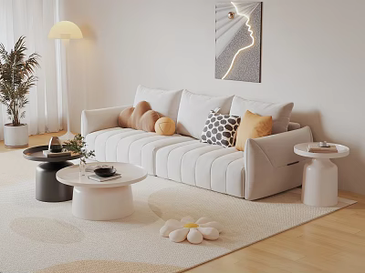Modern Two Seater Sofa With Pillows Round Side Tables And Wall Art 3d model