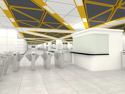Modern Station With Yellow Black Geometric Ceiling White Walls Gray Flooring Turnstiles And Service Counter 3d model