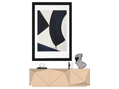 Stylish Abstract Painting With Black Frame On Geometric Sideboard With Figurine Cup And Bottle 3d model