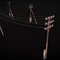 Old Wooden Utility Poles With Street Lamps And Power Lines In Dark Background