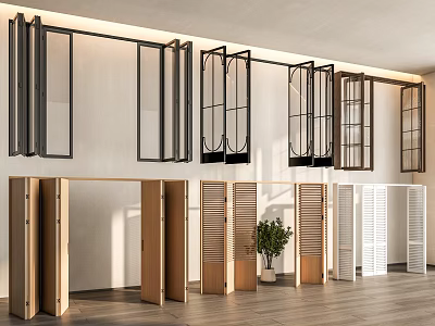 Various Folding Doors With Wooden And White Lattice Designs In Interior 3d model