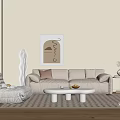Modern Beige Sofa and Coffee Table Set with Abstract Art Floor Lamp and Geometric Rug