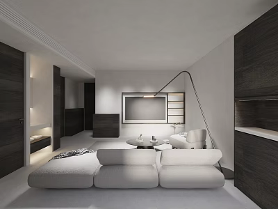 Modern Minimalist Living Room With Cozy White Modular Sofa And Elegant Dark Wood Storage Units 3d model