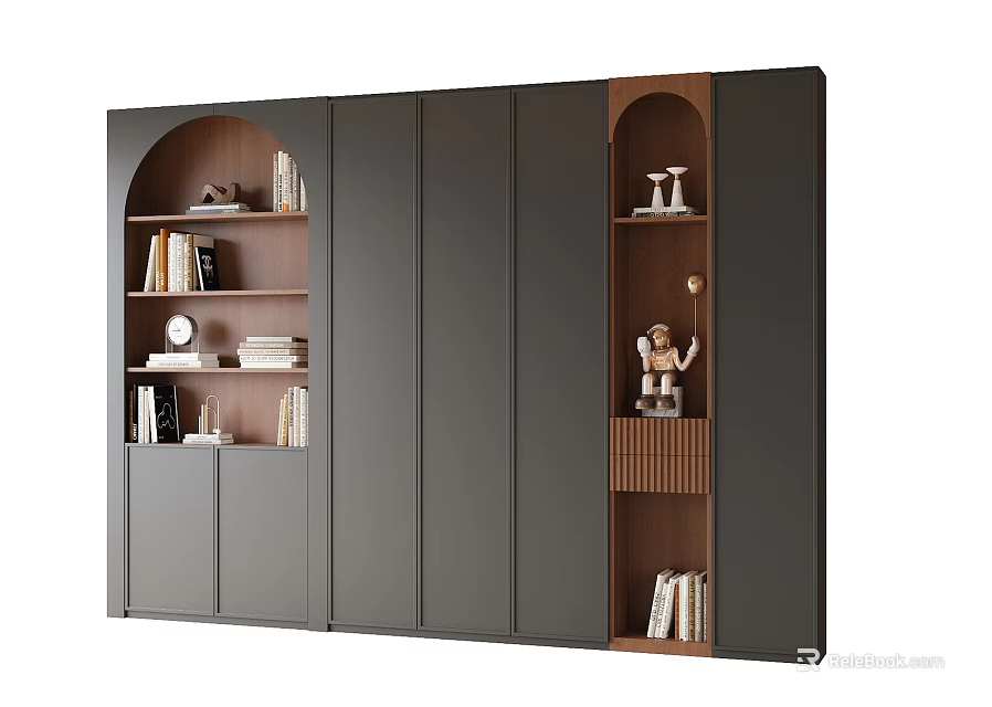 Modern Dark and Wood Tone Bookcase With Open Compartments Books and Decorative Items 3d model 