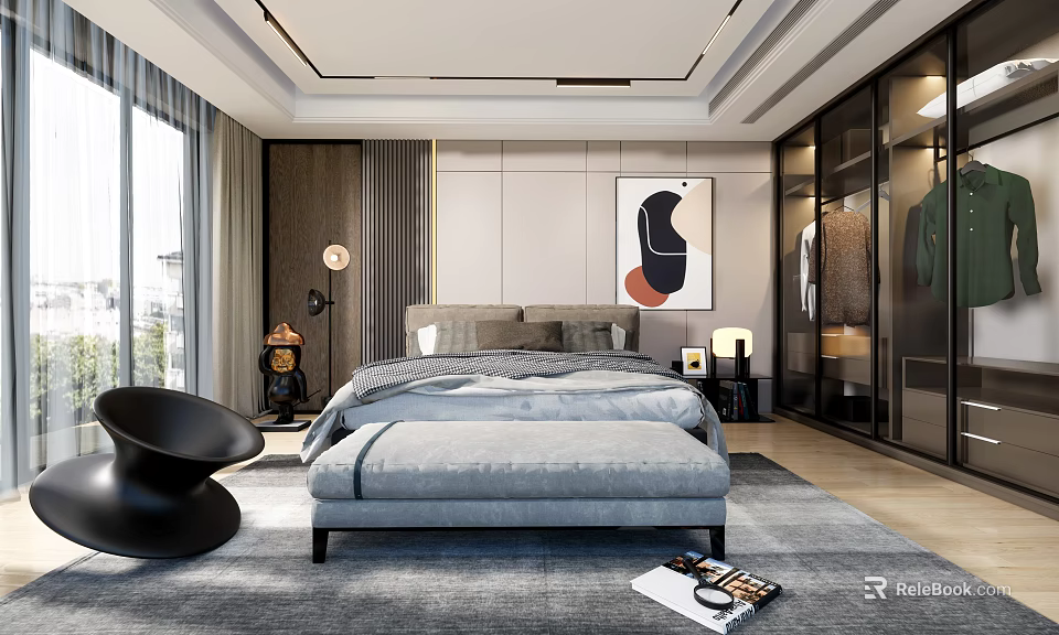 Modern Bedroom Interior Design With Gray Bed Bench Floor To Ceiling Windows And Decorative Painting 3d model 
