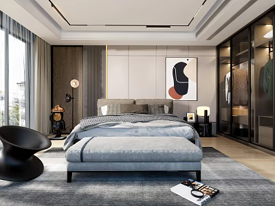 Modern Bedroom Interior Design With Gray Bed Bench Floor To Ceiling Windows And Decorative Painting 3d model