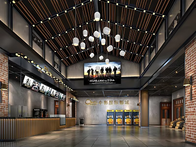 Modern Cinema Lobby Interior With Pendant Lights Large Digital Screen Ticket Counter And Brick Walls 3d model