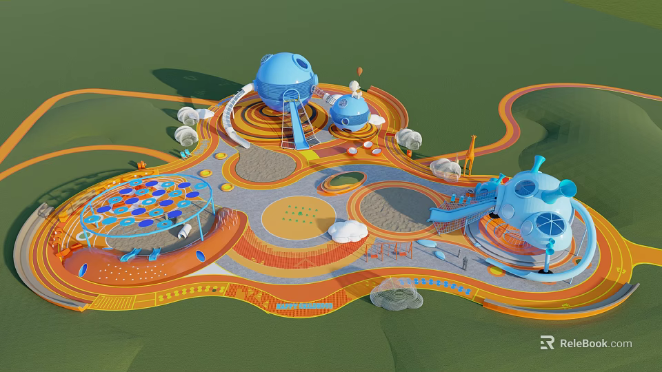 Colorful Children's Park With Blue Spherical Structures Slides Sandpit Orange Tracks And Space Themed Design 3d model 