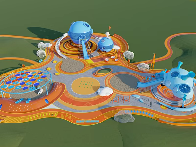 Colorful Children's Park With Blue Spherical Structures Slides Sandpit Orange Tracks And Space Themed Design 3d model