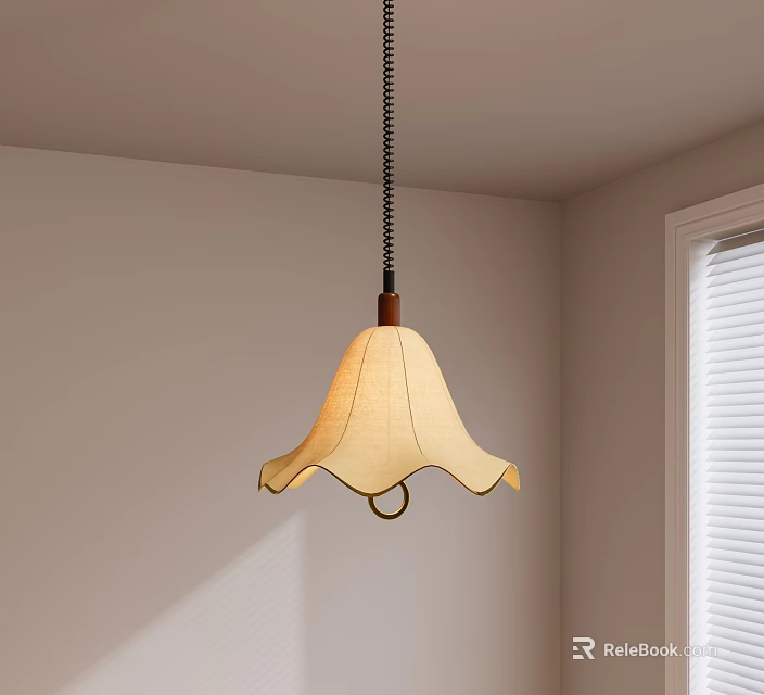 Stylish Pendant Light With Beige Wavy Shade And Wooden Top In Bright Room 3d model 