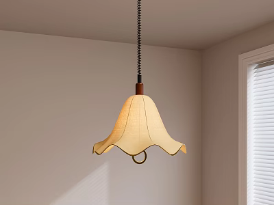 Stylish Pendant Light With Beige Wavy Shade And Wooden Top In Bright Room 3d model