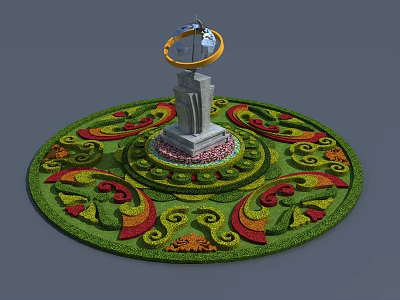 Elaborate Circular Garden Ornament Featuring Central Statue And Colorful Floral Designs 3d model
