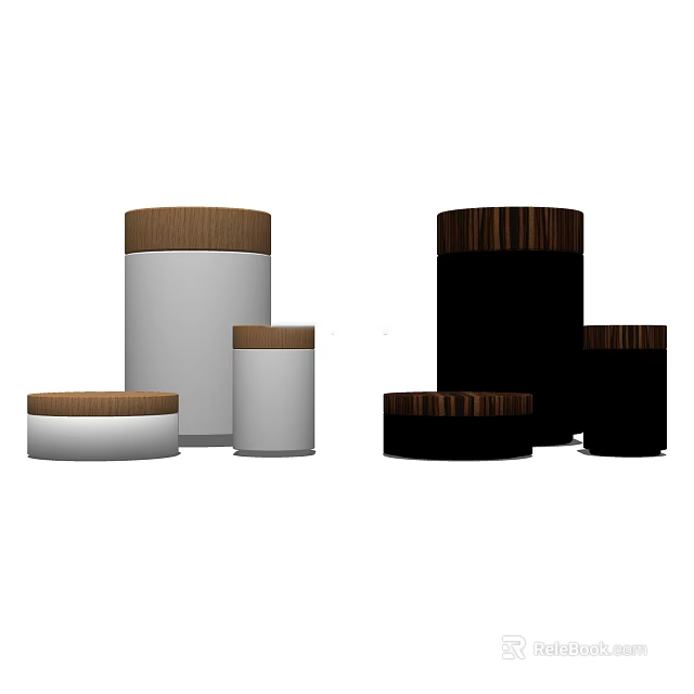 Decorative Ornament Set With Various Sizes White Black Bodies And Wooden Lids For Modern Home 3d model 