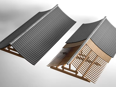 Traditional Oriental Roof Architectural Model With Black Tiles And Wooden Supports 3d model