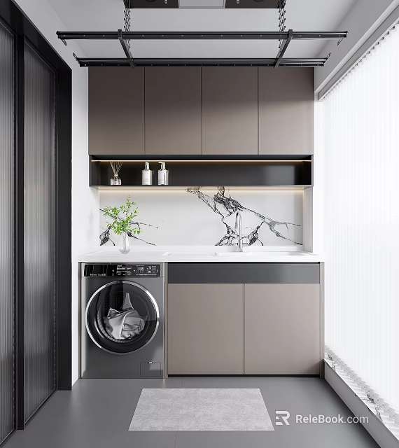Home Balcony With Washing Machine Gray Cabinets Marble Wall Shelf And Potted Plant 3d model 