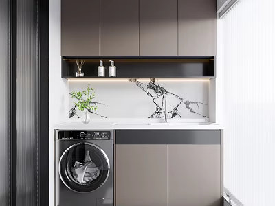 Home Balcony With Washing Machine Gray Cabinets Marble Wall Shelf And Potted Plant 3d model