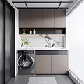 Home Balcony With Washing Machine Gray Cabinets Marble Wall Shelf And Potted Plant