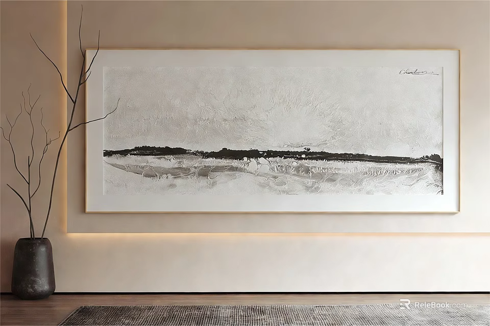 Modern Interior With Black White Abstract Painting On Wall Vase Twigs And Rug 3d model 