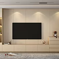 Modern Living Room TV Wall Design With LED Strip Lights Storage Cabinets And Decorative Items