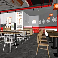 Stylish Red And White Restaurant Interior With Tables Chairs Circular Wall Decor And Pendant Lights