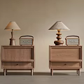 Modern Wooden Bedside Tables with Table Lamps and Vintage Radios