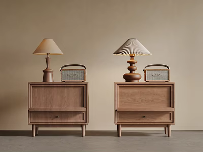 Modern Wooden Bedside Tables with Table Lamps and Vintage Radios 3d model