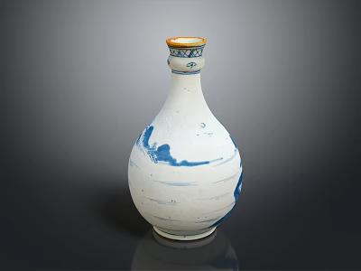 White Ceramic Vase With Blue Wave Patterns And Gold Decorative Rim 3d model