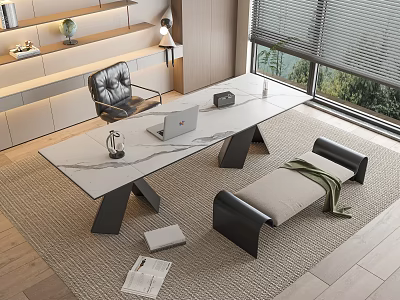 Modern Desk With Marble Top Black Legs Leather Chair Laptop Bench By Windows Greenery View 3d model