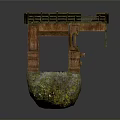 Ancient Wooden Structure On Moss Covered Stone Platform Natural Landscape View
