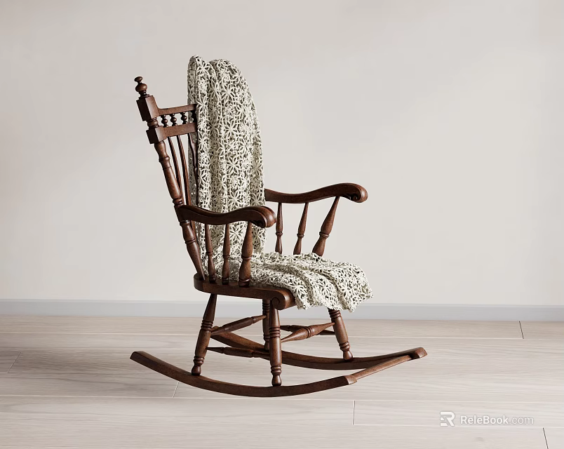 Classic Wooden Rocking Leisure Chair With Patterned Blanket In Light Interior Space Design 3d model 