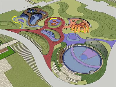 Colorful Community Park Layout With Play Areas Circular Pools And Green Landscapes 3d model