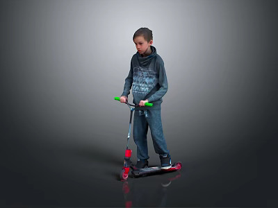 Boy Riding Scooter in Dark Hoodie and Jeans with Green Handlebars Red Wheels Gray Background 3d model