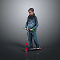 Boy Riding Scooter in Dark Hoodie and Jeans with Green Handlebars Red Wheels Gray Background