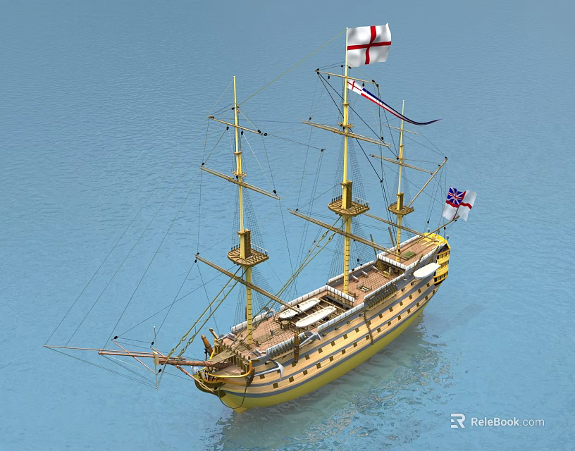 Wooden Sailing Ship With Multiple Masts And Union Jack Flags On Blue Water 3d model 
