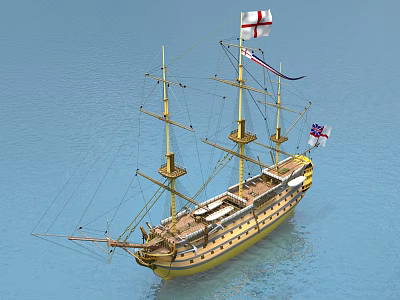 Wooden Sailing Ship With Multiple Masts And Union Jack Flags On Blue Water 3d model