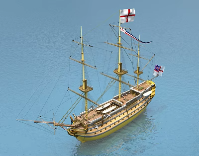 Wooden Sailing Ship With Multiple Masts And Union Jack Flags On Blue Water 3d model Wooden Sailing Ship With Multiple Masts And Union Jack Flags On Blue Water 3d model
