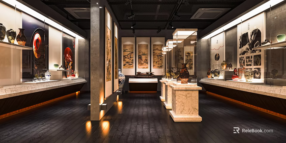 Traditional Art Exhibition Hall Interior With Scroll Paintings Sculptures And Display Stands 3d model 