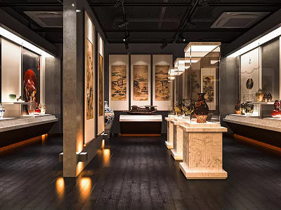 Traditional Art Exhibition Hall Interior With Scroll Paintings Sculptures And Display Stands 3d model