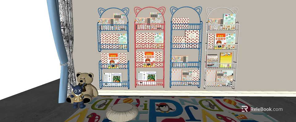 Colorful Kids Bookcases With Books And Stuffed Toys In Children Playroom 3d model 