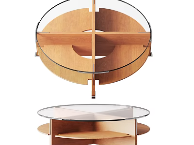 Round Wooden Coffee Table With Glass Top And Tiered Shelf Design Structure 3d model
