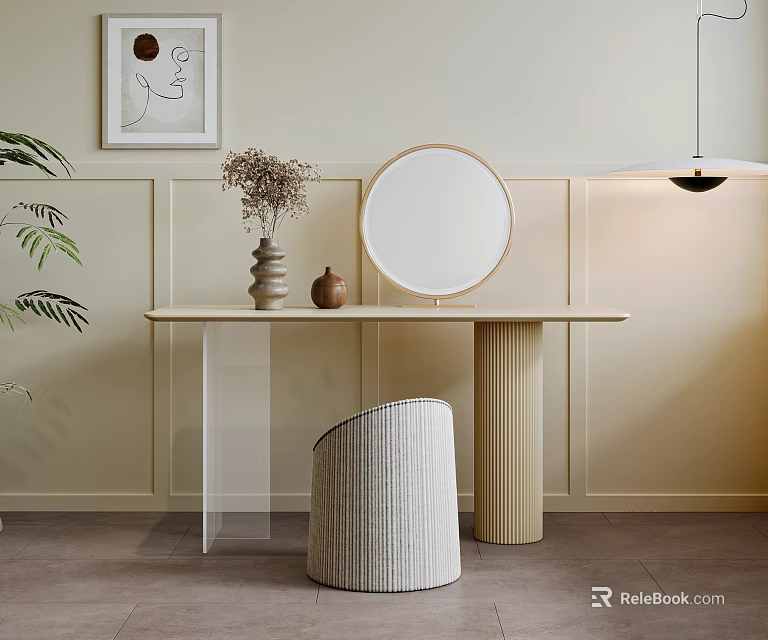Modern Dressing Table with Round Mirror Woven Stool and Decorative Painting in Light Room 3d model 