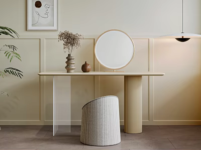 Modern Dressing Table with Round Mirror Woven Stool and Decorative Painting in Light Room 3d model