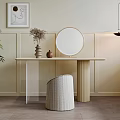 Modern Dressing Table with Round Mirror Woven Stool and Decorative Painting in Light Room