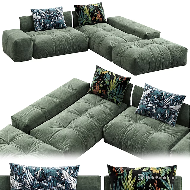 Modern Olive Green Velvet Sectional Sofa With Floral Patterned Plush Comfortable Pillows 3d model 