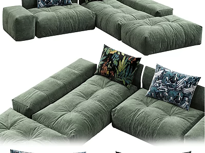 Modern Olive Green Velvet Sectional Sofa With Floral Patterned Plush Comfortable Pillows 3d model