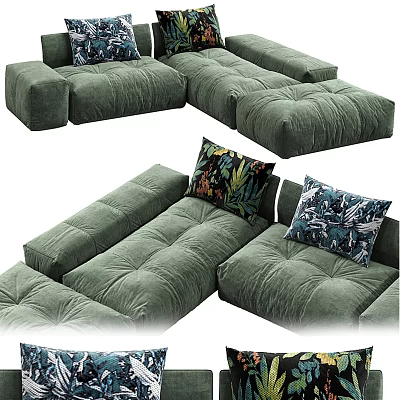 Modern Olive Green Velvet Sectional Sofa With Floral Patterned Plush Comfortable Pillows 3d model