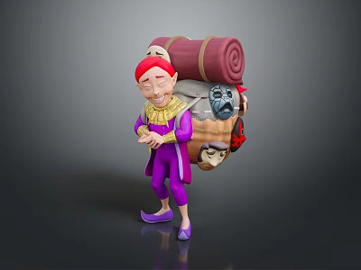 Red Haired Cartoon Character In Purple Outfit Carrying Rolled Blanket And Creature Mask 3d model