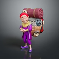 Red Haired Cartoon Character In Purple Outfit Carrying Rolled Blanket And Creature Mask