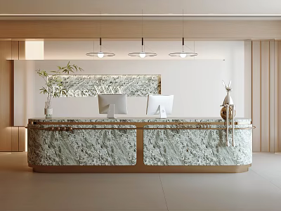 Modern Front Desk Reception With Marble Countertop Computers Pendant Lights And Green Plants 3d model